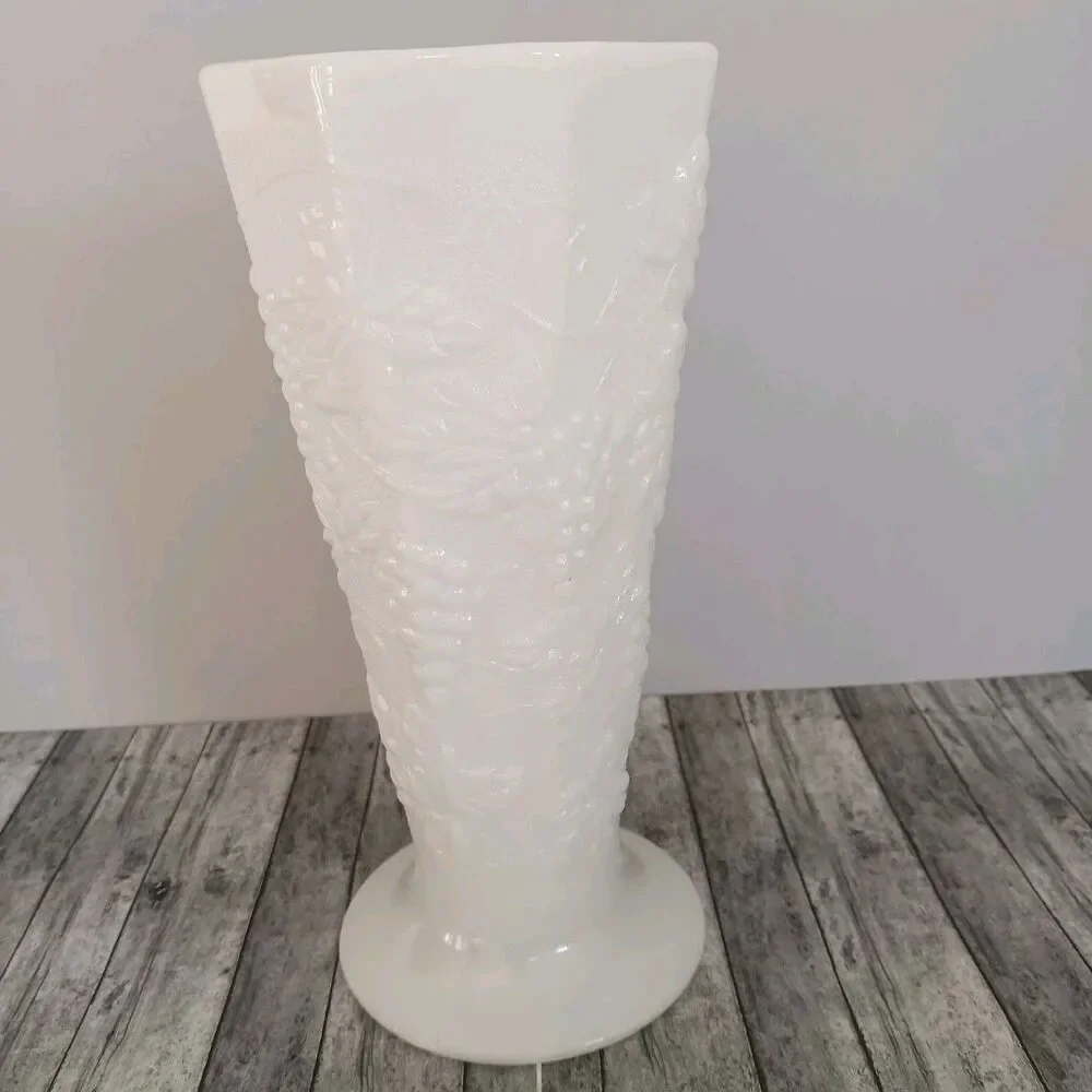 Vintage Milk Glass Paneled Grape Footed Vase 10